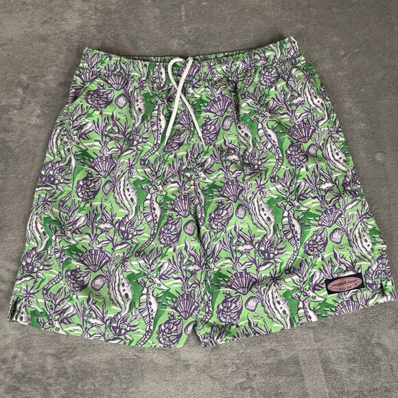 Vineyard Vines Swim Trunks Mens‎ M Seahorse Sea Shell Green Purple 1M0240 Lined - Picture 1 of 16